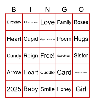 Our Little Sweetheart Bingo Card