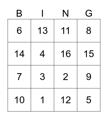 Number Song Bingo Card