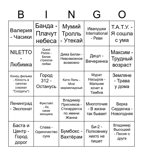Russian Music Bingo Card