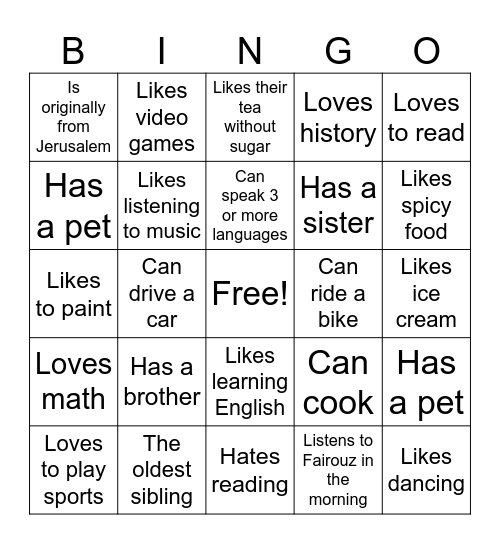ESL Warmup Bingo Card