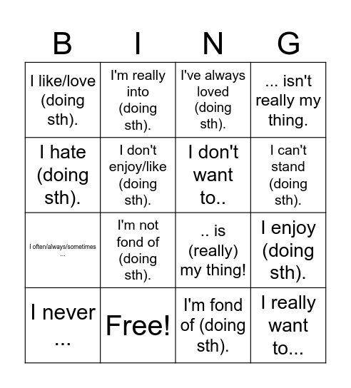 Likes Dislikes Bingo Card