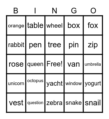 New Words Bingo Card