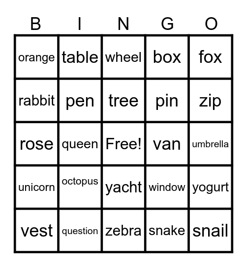 New Words Bingo Card