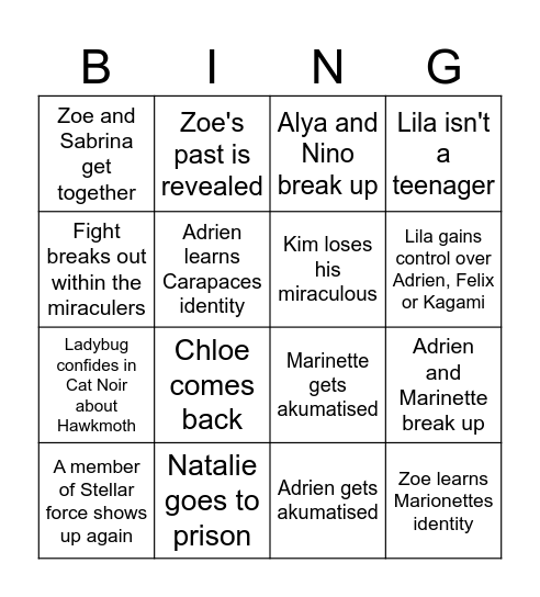 Miraculous season 6 second half Bingo Card