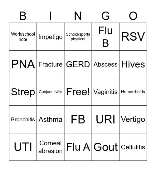 Clinic Bingo Card