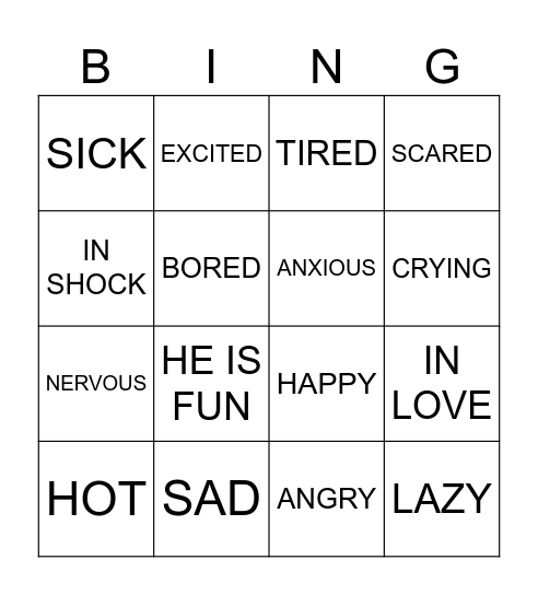 Feelings Bingo Card