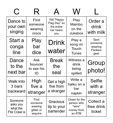 6th Annual Fite Crawl Bingo Card