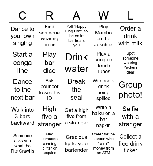 6th Annual Fite Crawl Bingo Card