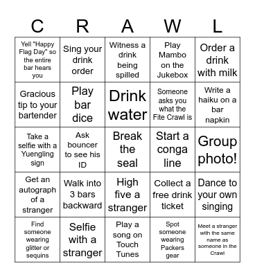 6th Annual Fite Crawl Bingo Card