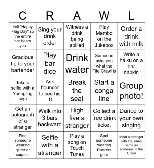 6th Annual Fite Crawl Bingo Card