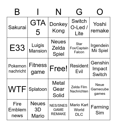 Nintendo Bingo Card