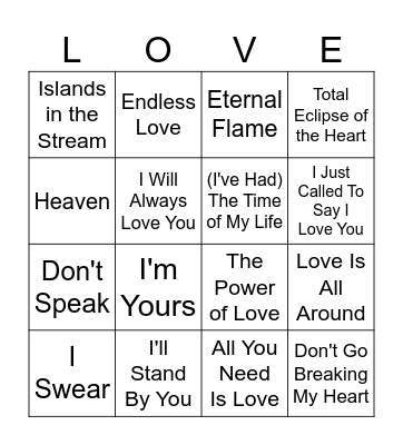Love Songs Bingo Card
