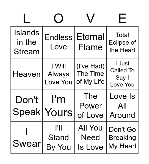 Love Songs Bingo Card