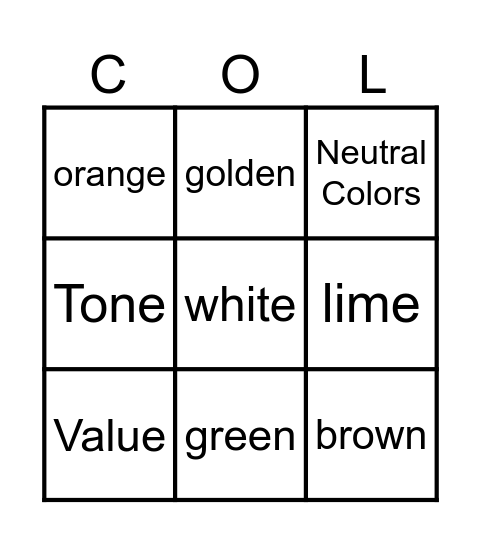Color Theory Bingo Card