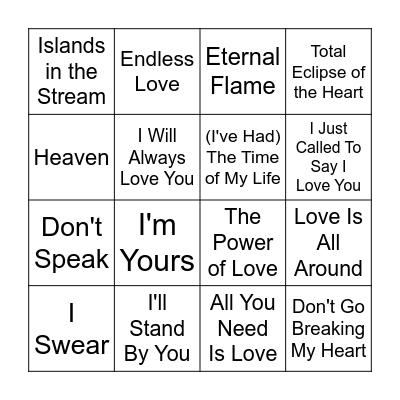 Love Songs Bingo Card