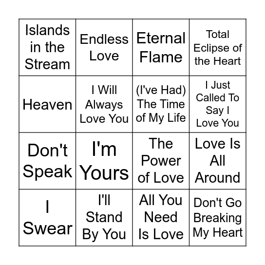 Love Songs Bingo Card