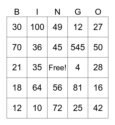 Multiplication Bingo Card