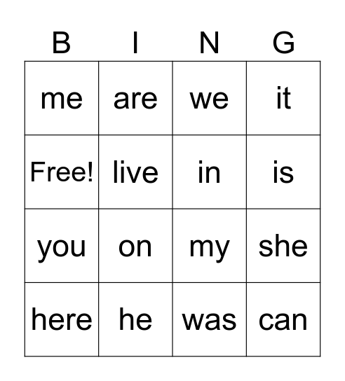 I can read sight words Bingo Card