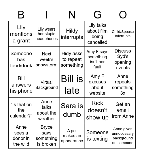 Staff Meeting 1/27 Bingo Card