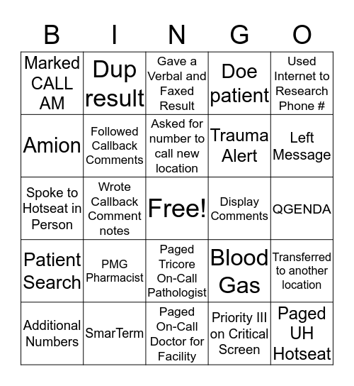 Critical Values Bingo Card