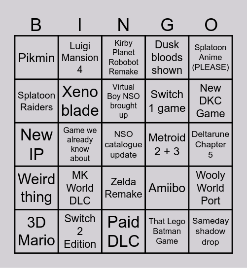 Nintendo February 2026 Direct Bingo Card