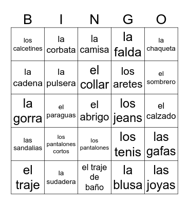 La ropa y los accessrios Bingo Card