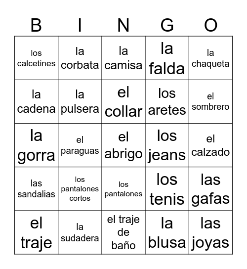 La ropa y los accessrios Bingo Card