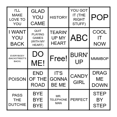 BEST BOY BAND SONGS Bingo Card