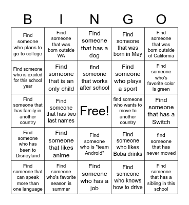 Get to Know Your Classmates Bingo Card