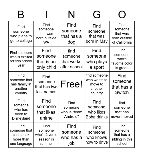 Get to Know Your Classmates Bingo Card
