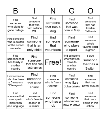 Get to Know Your Classmates Bingo Card
