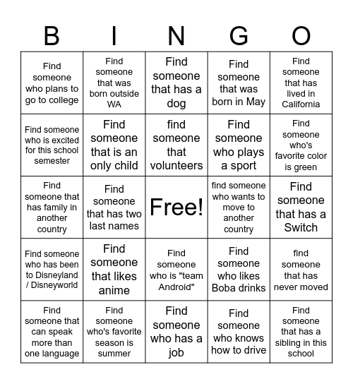 Get to Know Your Classmates Bingo Card