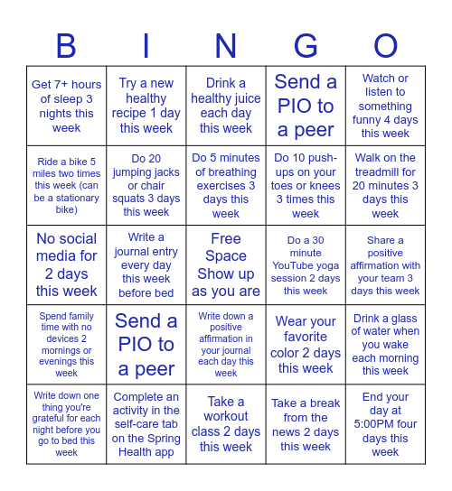 Mind/Body Challenge 2026 Week 6 Bingo Card