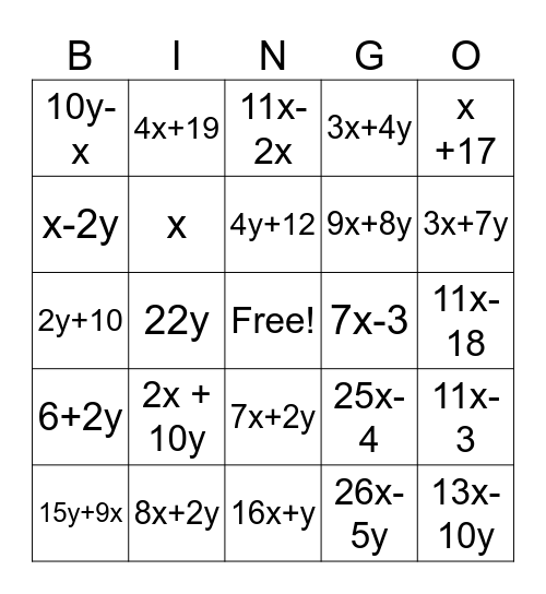 Combining Like Terms BINGO Card