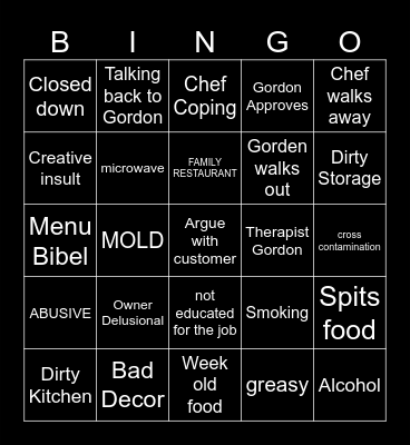 Kitchen Nightmares Bingo Card