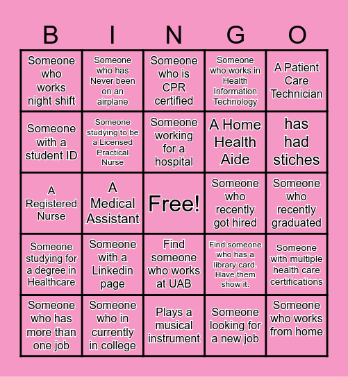 Healthcare Human Bingo Card