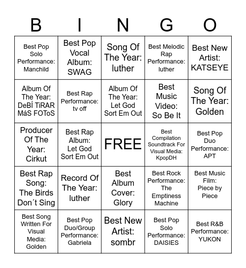 Grammy 2026 Bingo Card