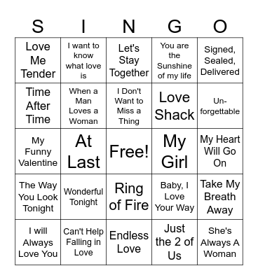 Love Songs Bingo Card
