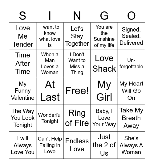 Love Songs Bingo Card