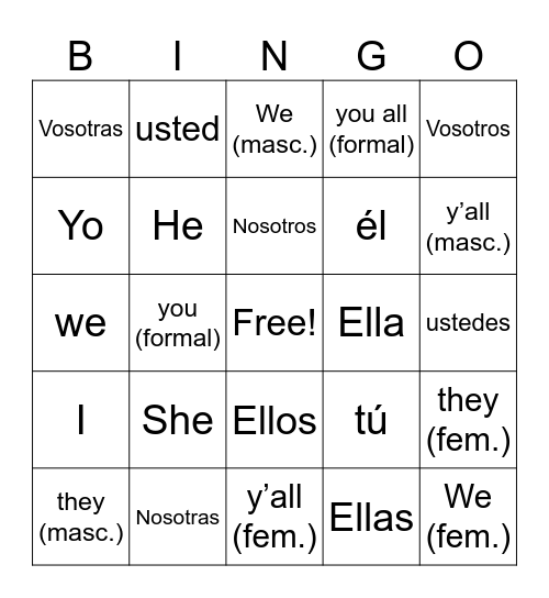 Subject Pronouns Bingo Card