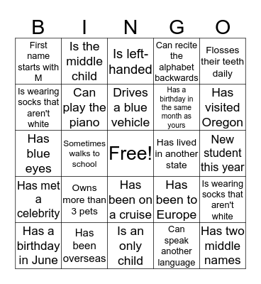 Getting to Know Your Classmates Bingo Card