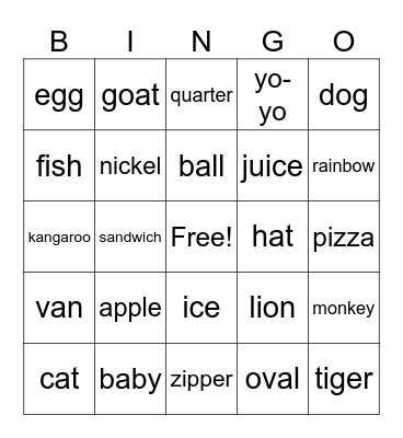 Alphabet Words Bingo Card