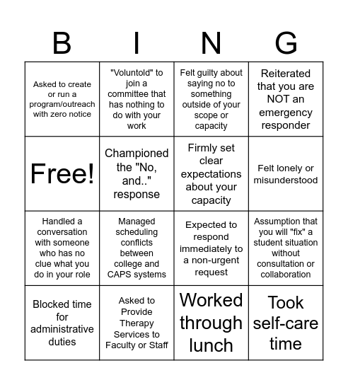 Embedded Clinician Boundary Bingo Card
