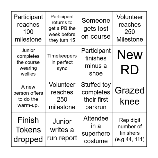 Junior parkrun ED Bingo Card