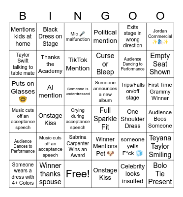 2026 Grammy Awards Bingo Card
