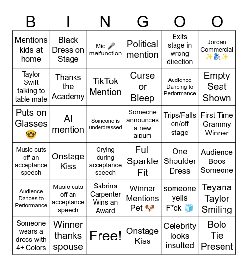 2026 Grammy Awards Bingo Card