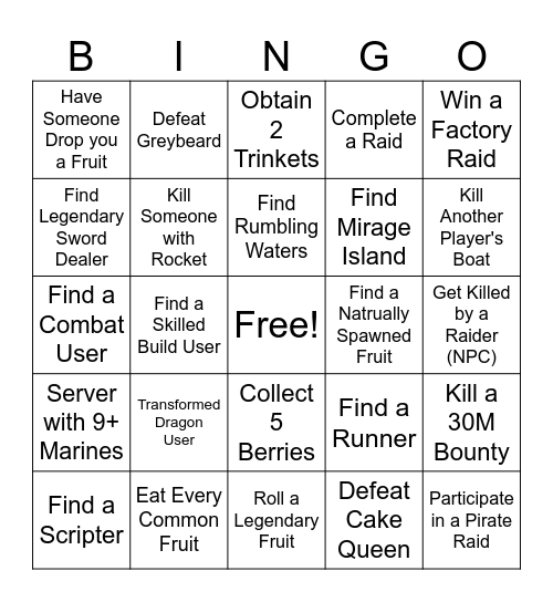 Blox Fruit Bingo Card