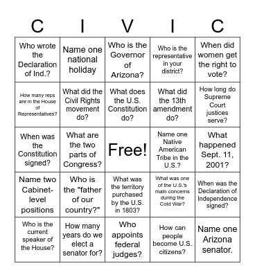 Civics Test Bingo Card