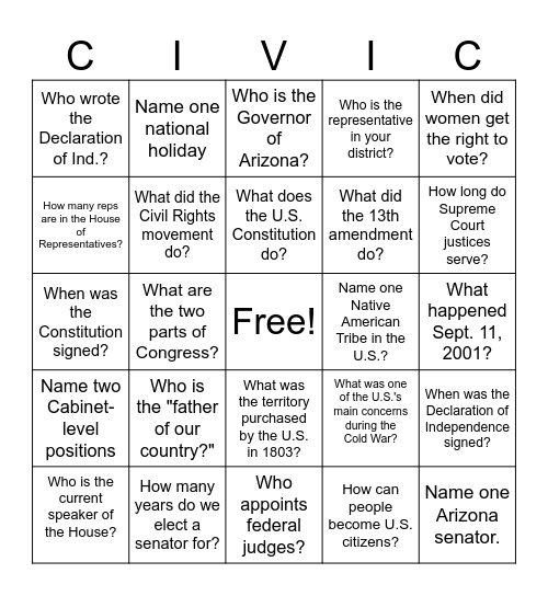 Civics Test Bingo Card