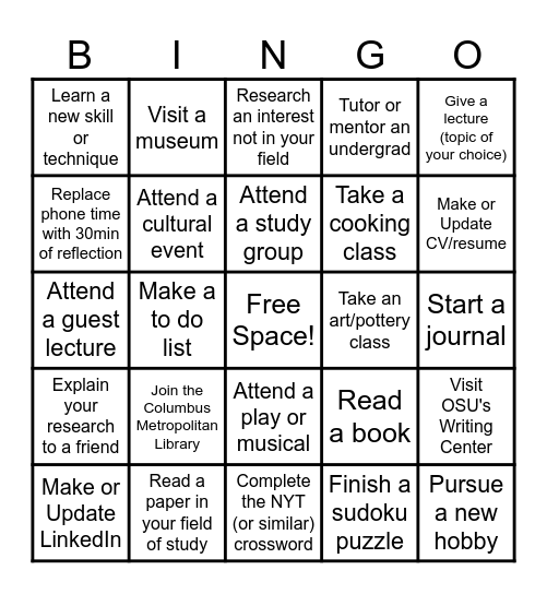Intellectual Wellness Bingo Card